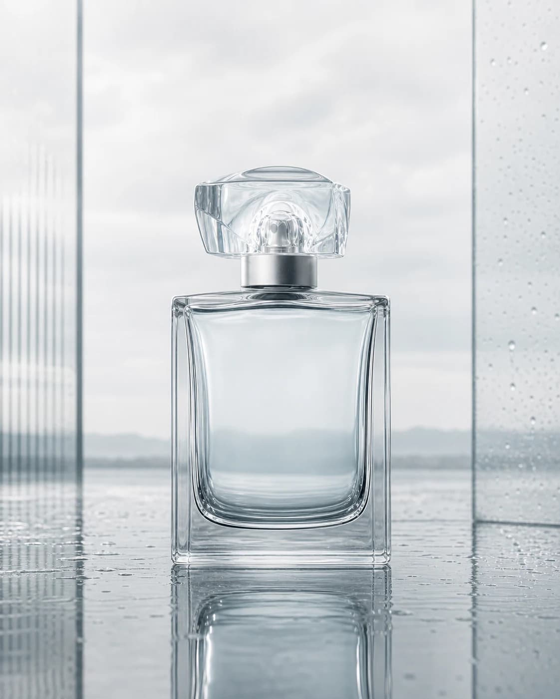 Clear glass perfume bottle with a sculpted glass cap in a rain-lit studio