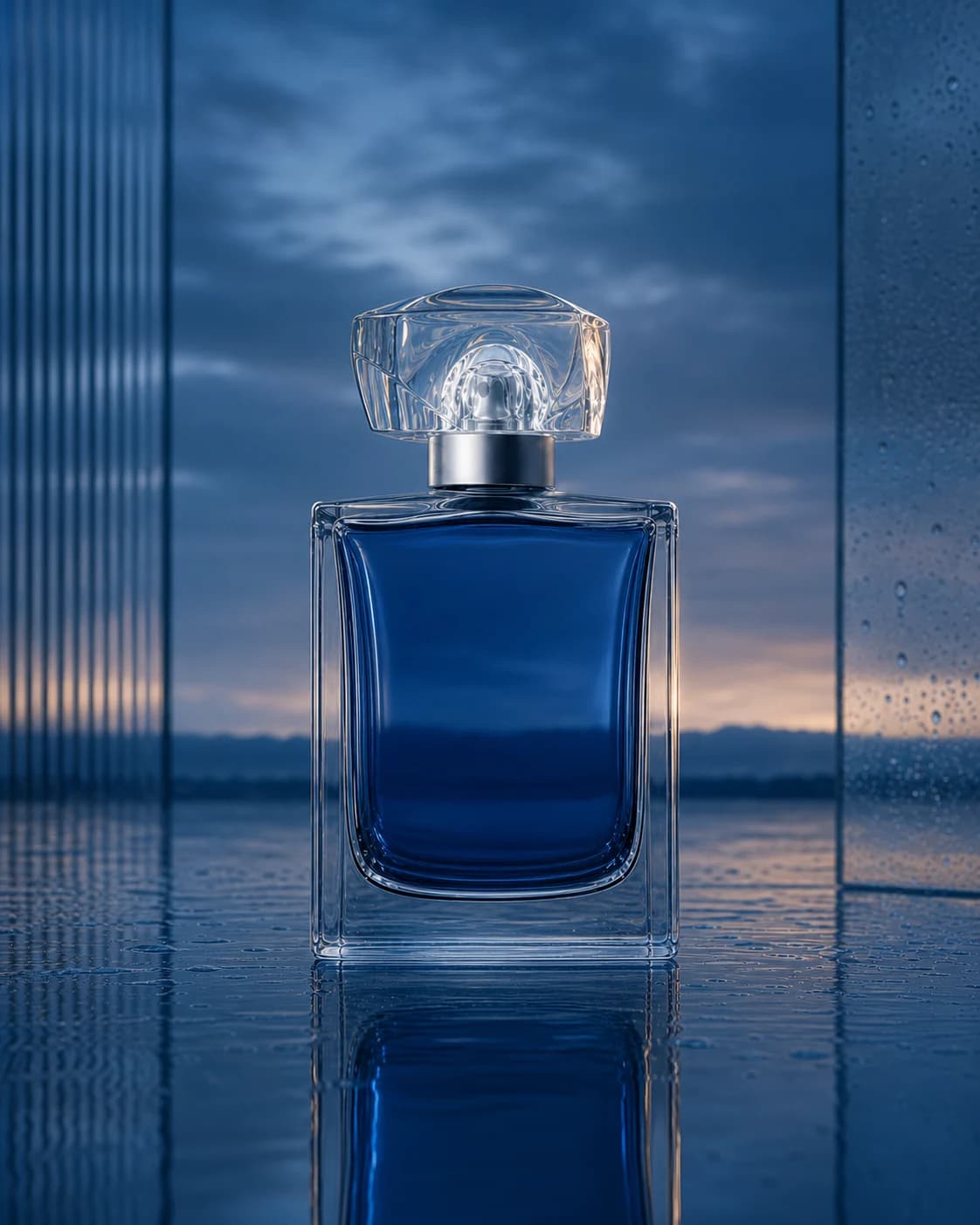 Cobalt fragrance in a clear glass bottle at blue hour