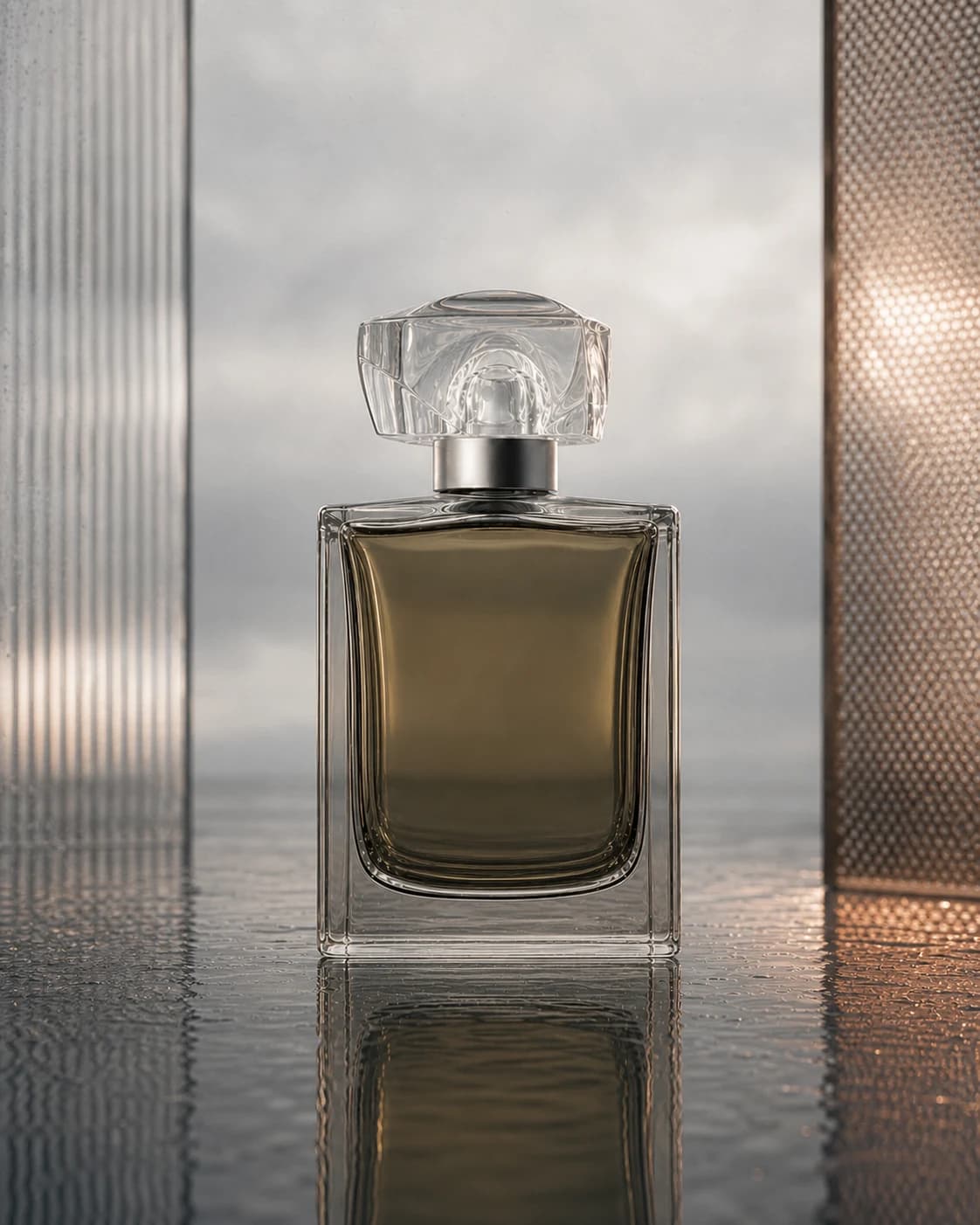 Smoky amber fragrance in a clear glass bottle beside a copper mesh plane
