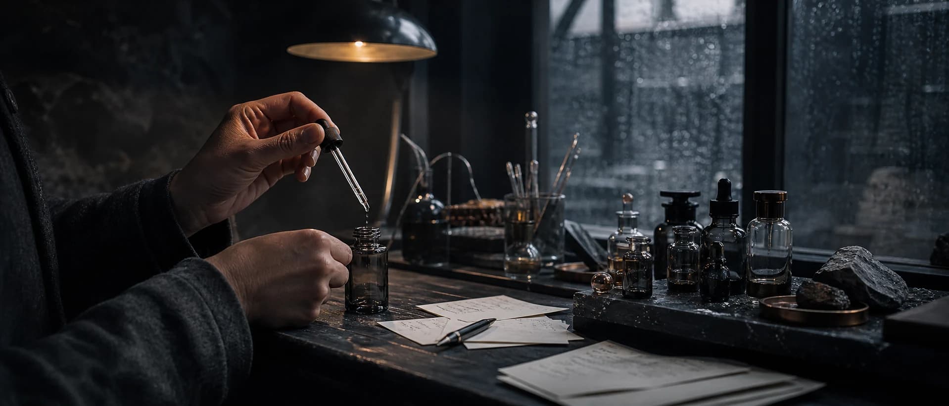 Perfumer measuring liquid at a dark workbench beside a rain-covered window